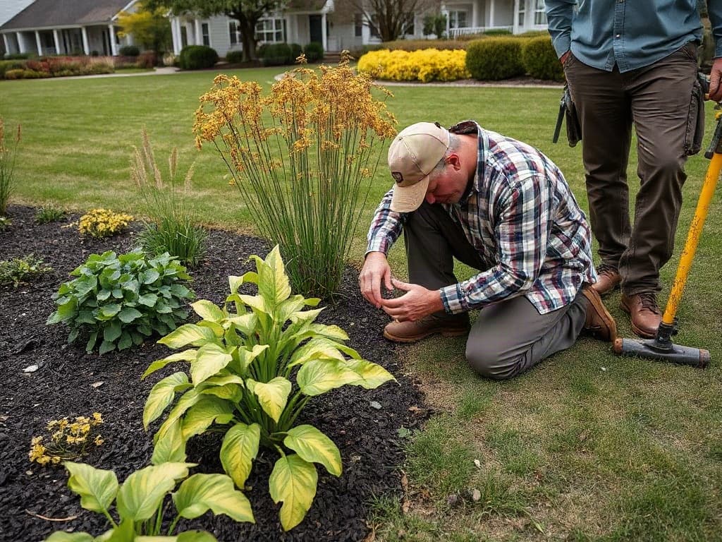 A professional inspecting plant health in a landscaped property bed.